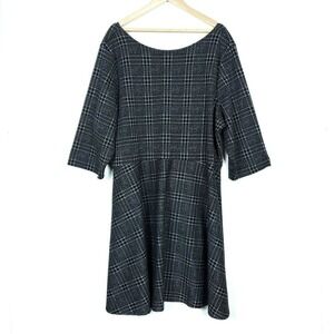Leota Dress 5X 5L Plus Size Black Gray Plaid 3/4 Sleeve Fit Flare Knee Length